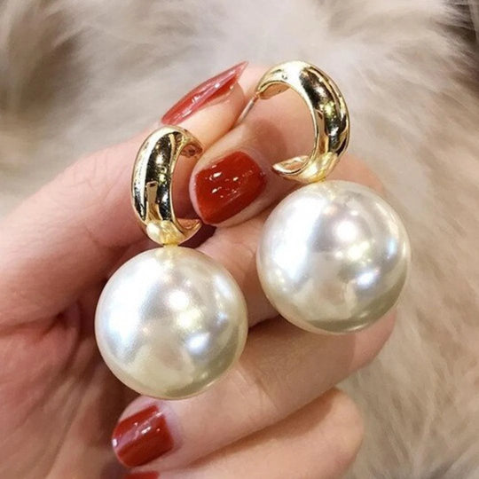 Large Gold-Tone Pearl Drop Earrings