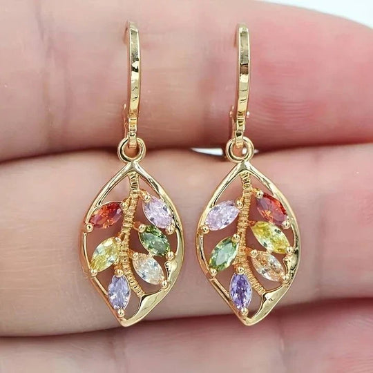 Gold-Plated Multi-Gemstone Leaf Drop Earrings