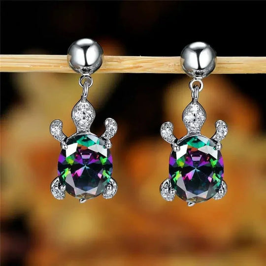 Sterling Silver Turtle Drop Earrings with Rainbow Zirconia