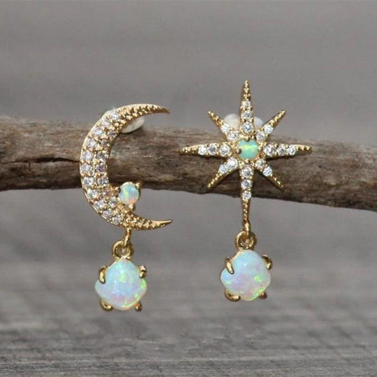 Crescent Moon Star Opal Drop Earrings