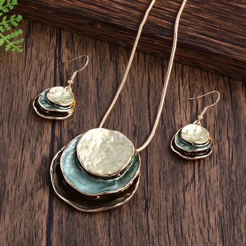 Layered Stone Pendant Necklace & Earring Set