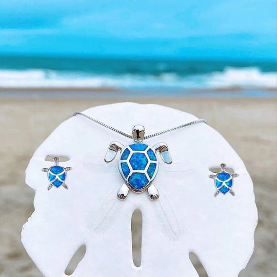 Opal Inlay Sterling Silver Sea Turtle Jewelry Set