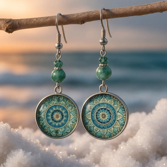 Mandala Print Dangle Earrings with Natural Stone Beads