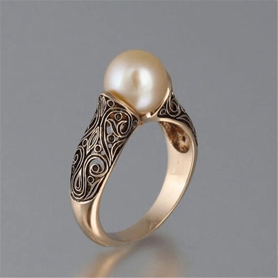 Gold Filigree Engraved Pearl Ring