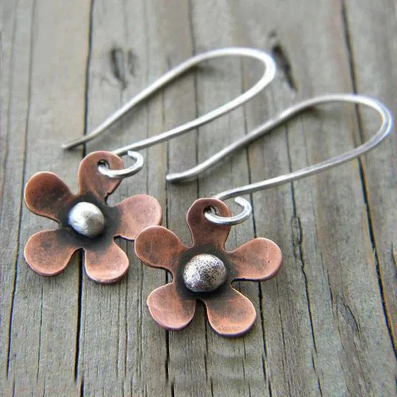 Handcrafted Copper Flower Sterling Silver Drop Earrings