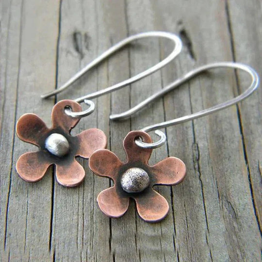 Handcrafted Copper Flower Sterling Silver Drop Earrings