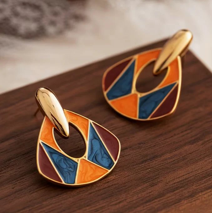 Gold-Plated Enamel Mosaic Drop Earrings