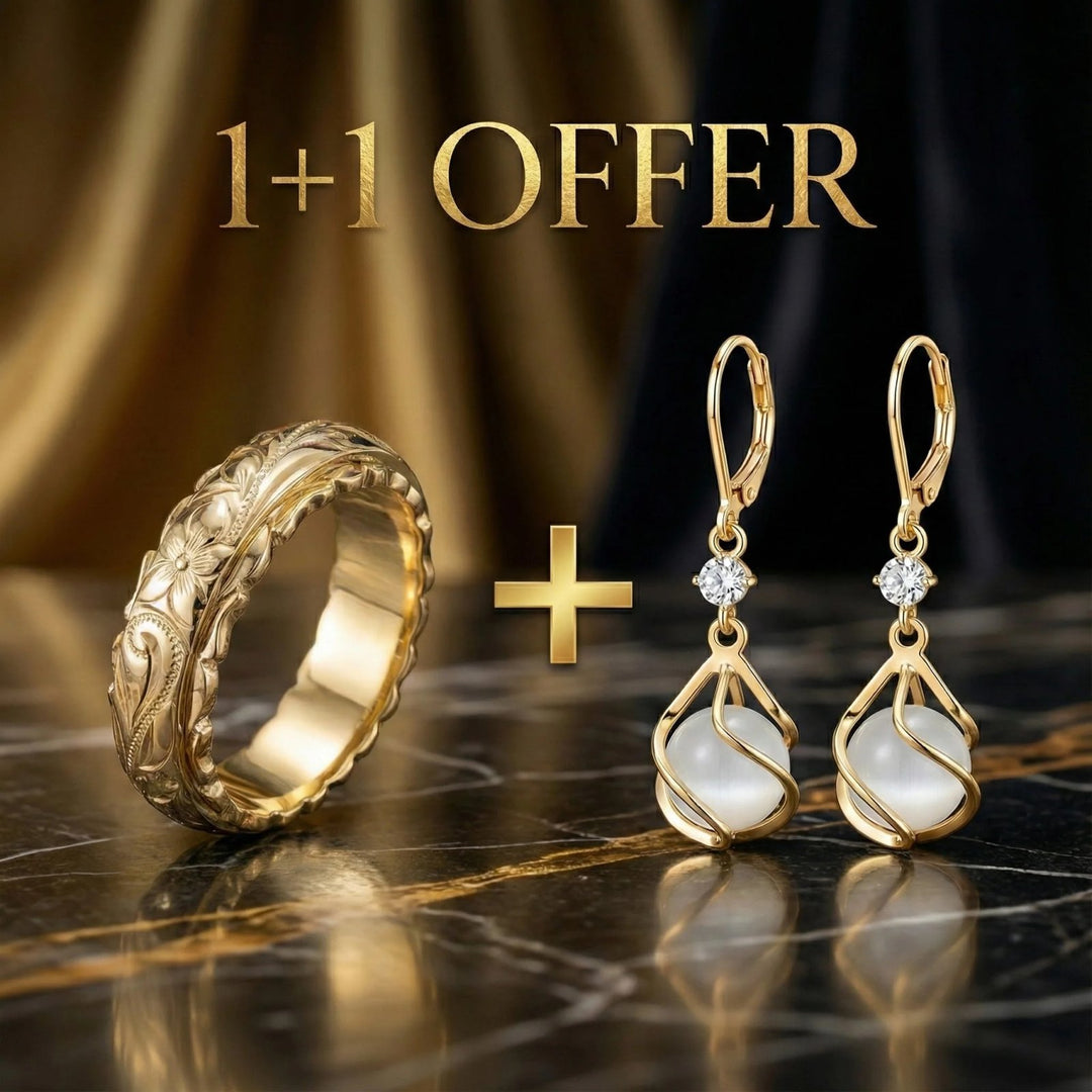 Engraved Gold Ring & Opal Drop Earrings Set