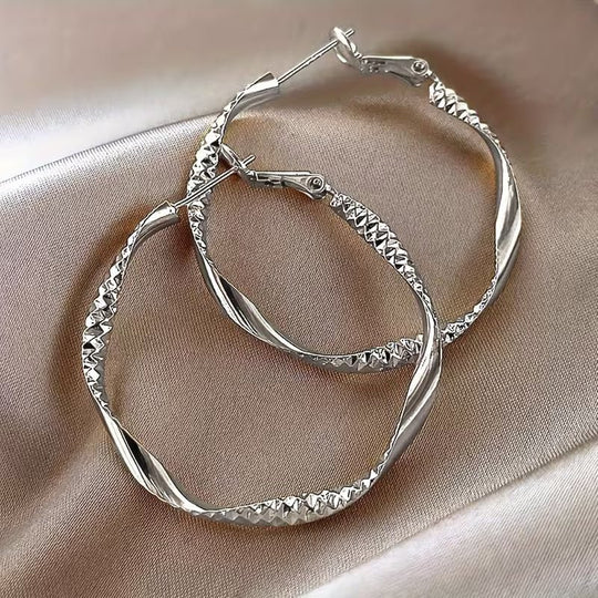 Twisted Silver-Plated Diamond-Cut Hoop Earrings