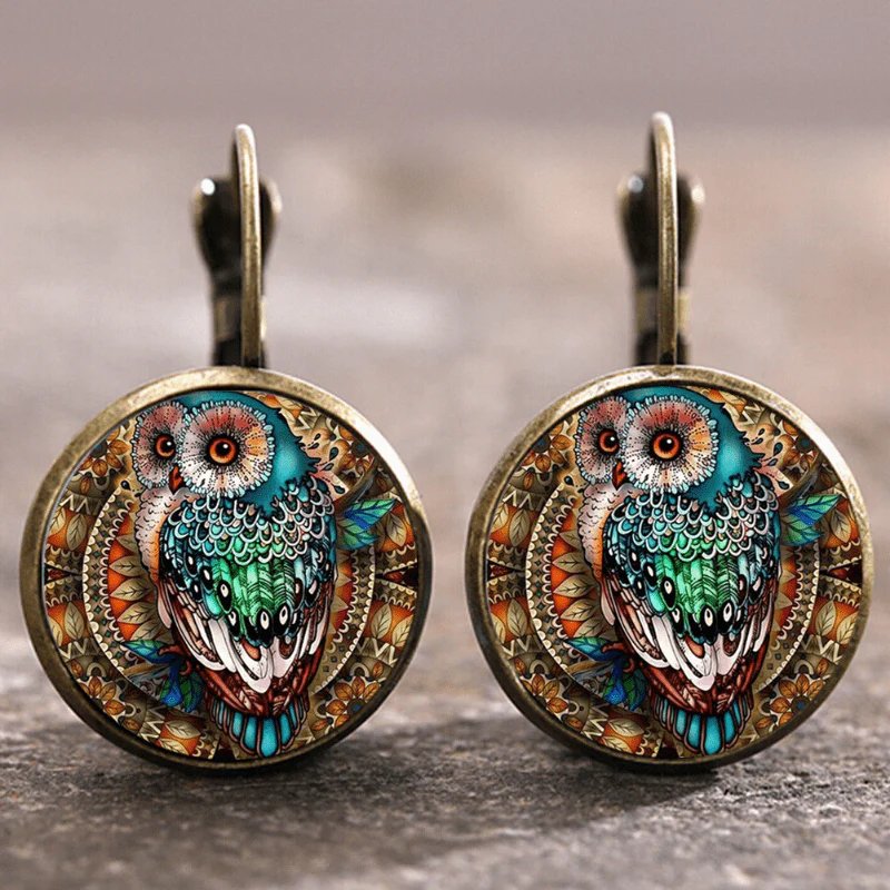 Glass Dome Owl Motif Lever-Back Earrings