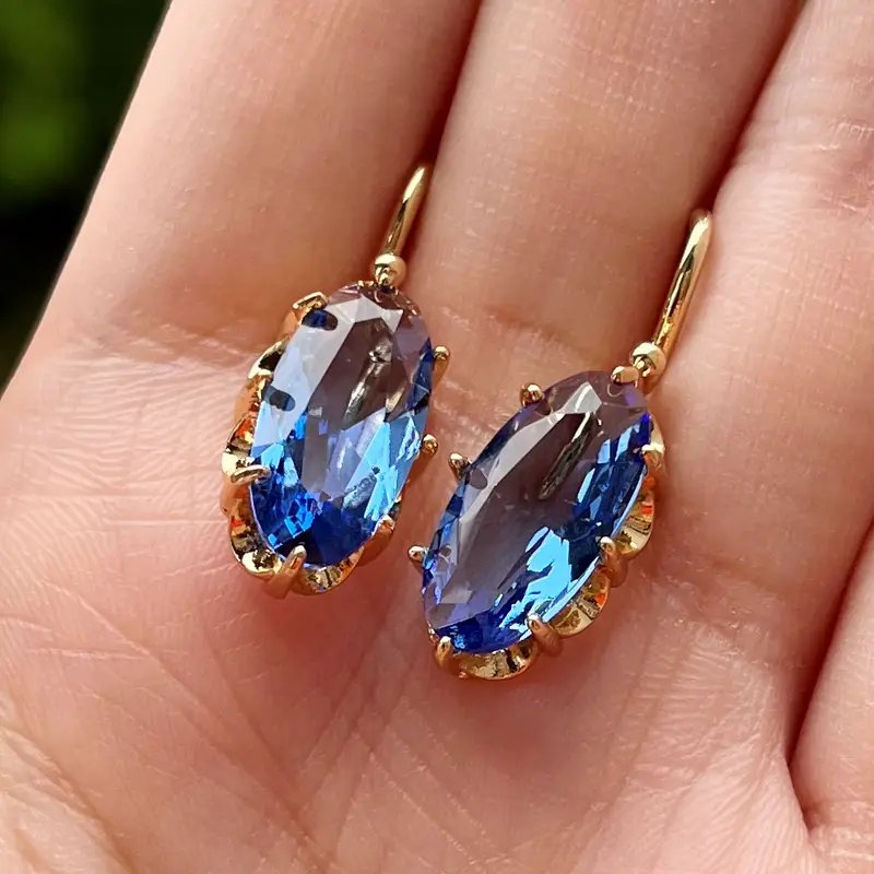 Gold-Plated Oval-Cut Gemstone Drop Earrings