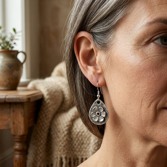 Sterling Silver Teardrop Floral Embossed Earrings