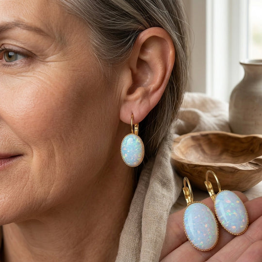Gold-Plated Oval Opal Leverback Earrings