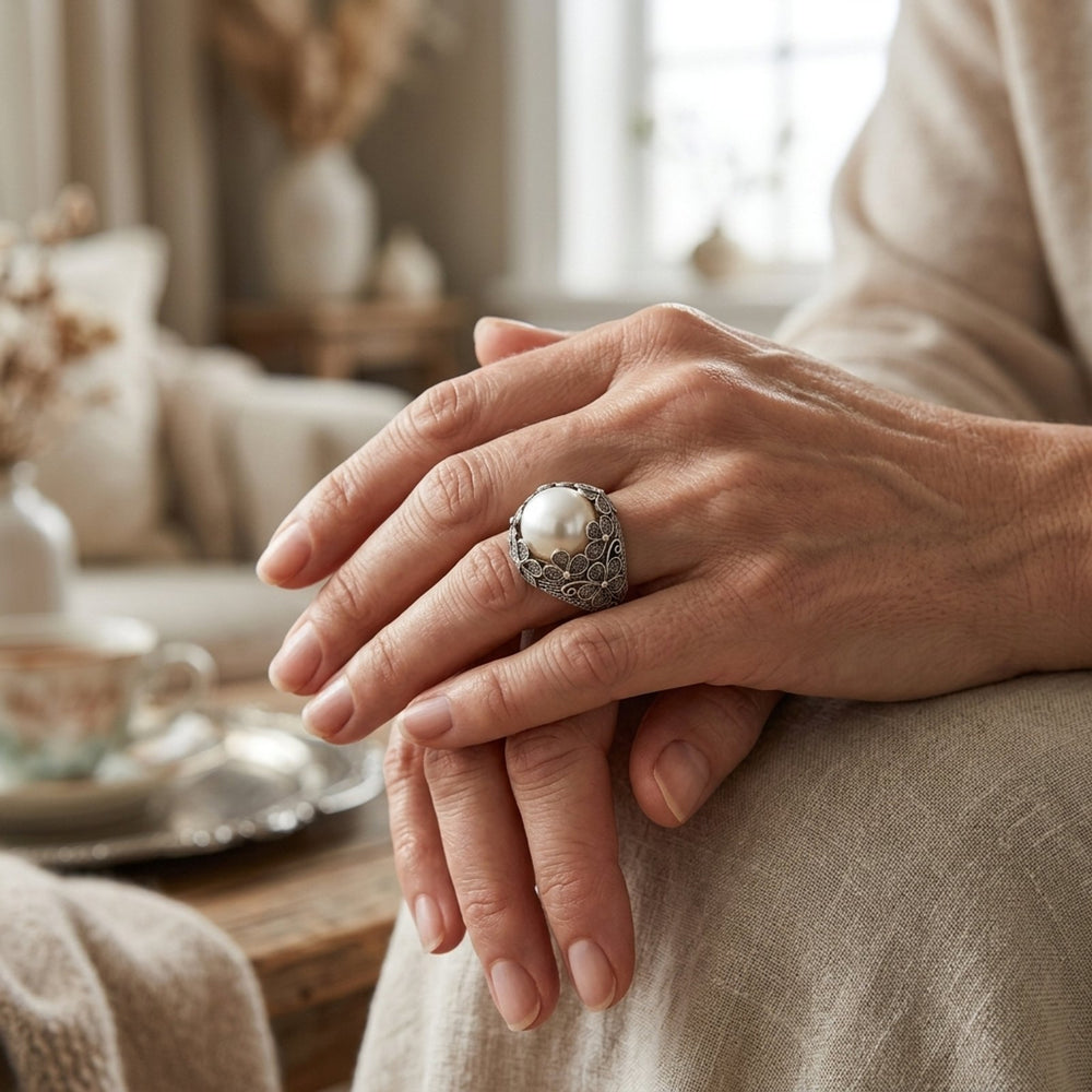 Filigree Pearl Sterling Silver Ring