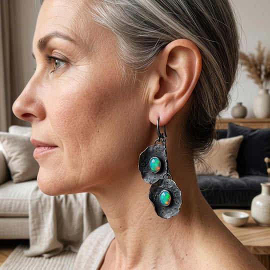 Opal Stone Oxidized Silver Drop Earrings
