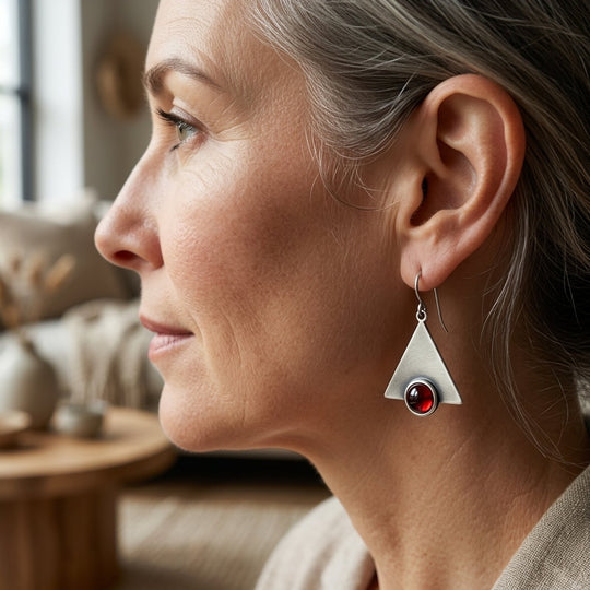 Sterling Silver Triangle Drop Earrings with Cabochon Stones