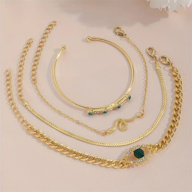 Gold-Plated Emerald Chain Bracelet Set