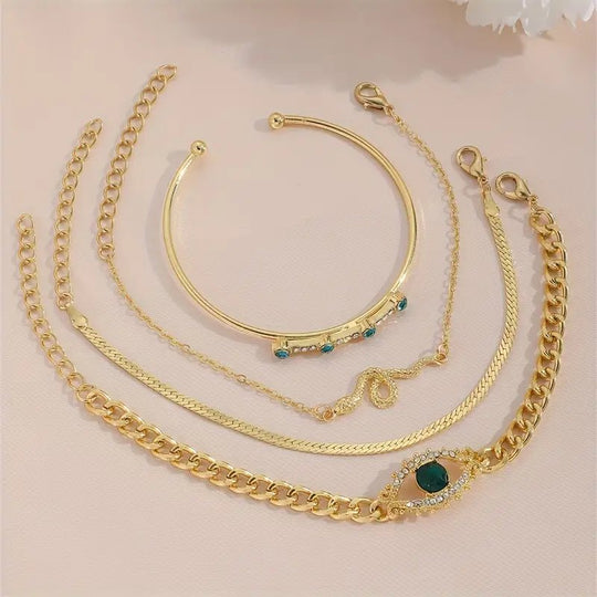 Gold-Plated Emerald Chain Bracelet Set