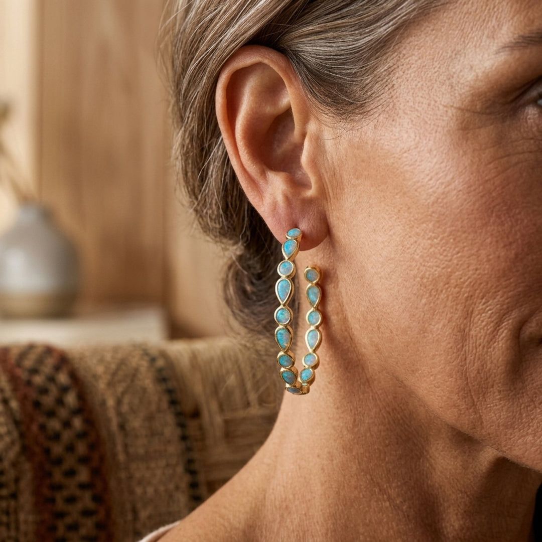 18K Gold Bezel Set Opal Hoop Earrings