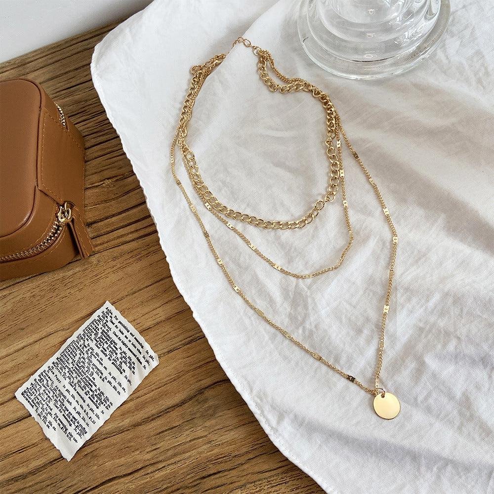 Layered Chain Disc Pendant Necklace