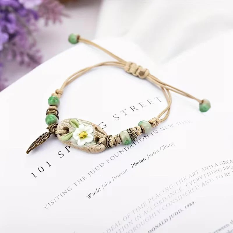 Adjustable Cord Ceramic Floral Charm Bracelet