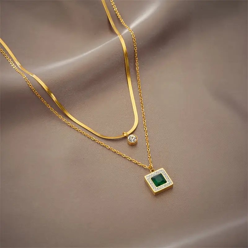 Layered Chain Square Pendant Necklace