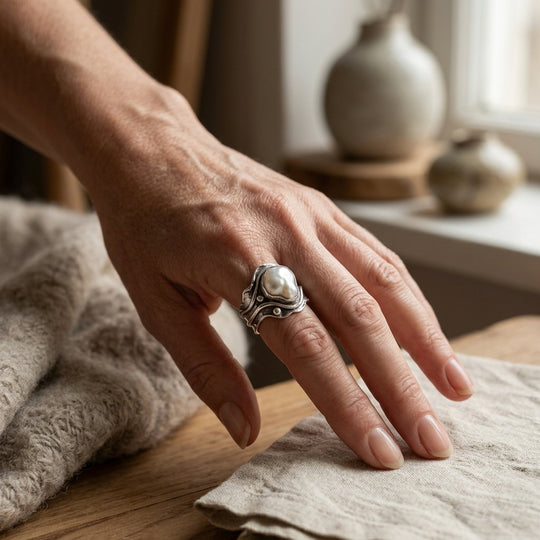Silver Pearl Inlay Wavy Band Ring