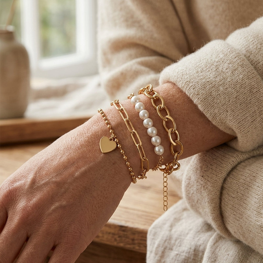 Gold-Plated Pearl Chain Bracelet Set
