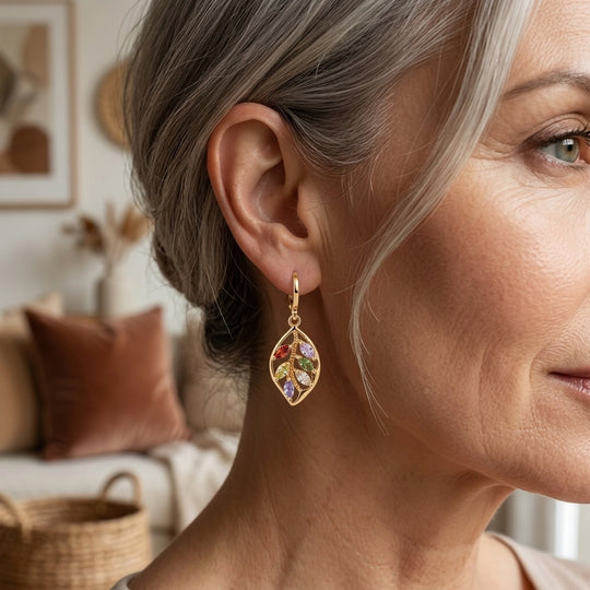 Gold-Plated Multi-Gemstone Leaf Drop Earrings