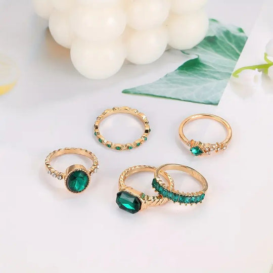 Gold-Plated Emerald Stone Ring Set