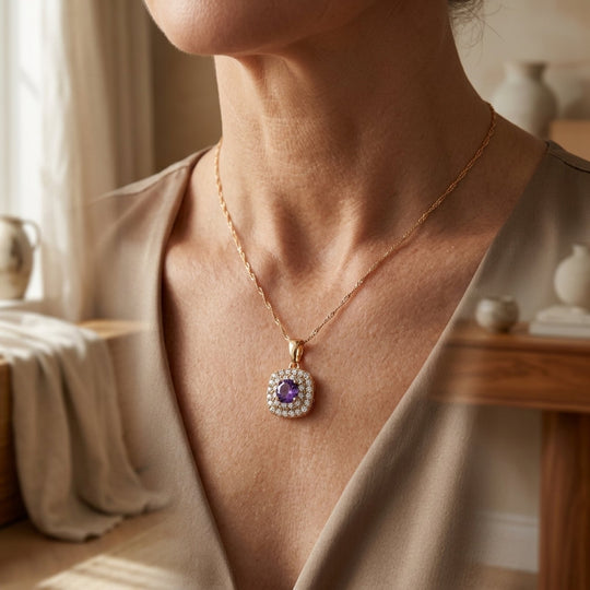 Halo-Set Amethyst Cushion Pendant Necklace