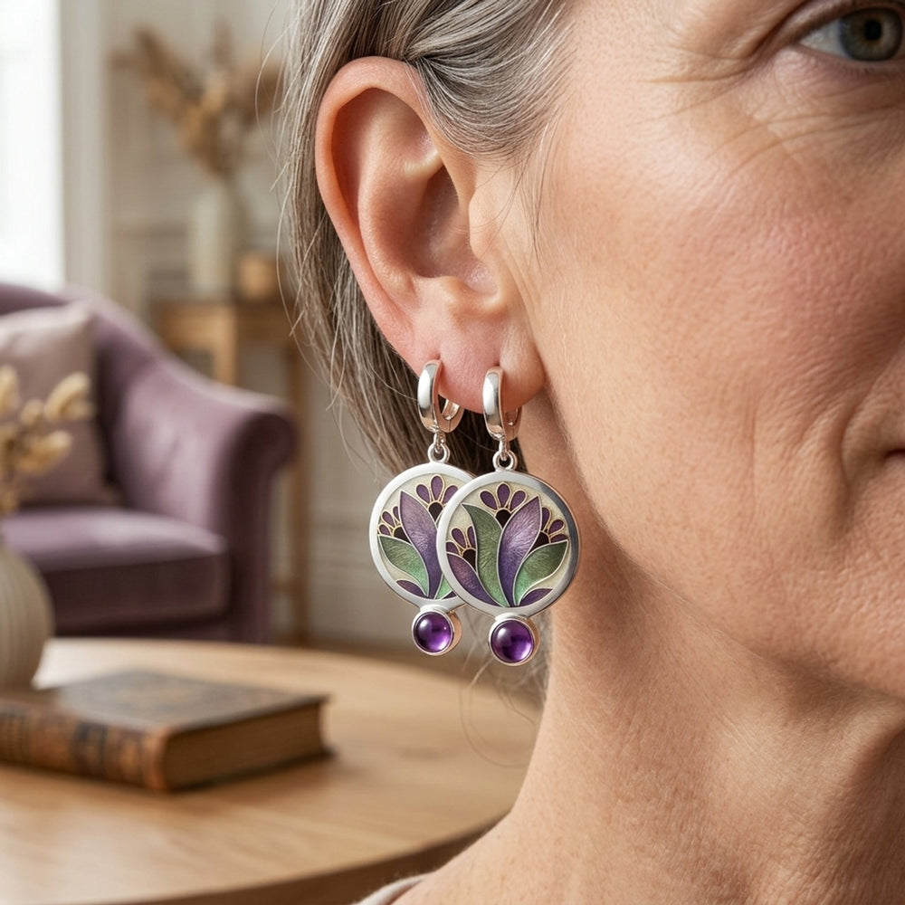 Silver Enamel Floral Hoop Drop Earrings