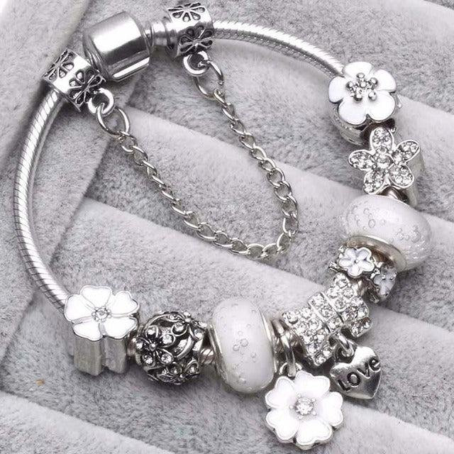 Vintage Silver Charm Bracelet with Crystals