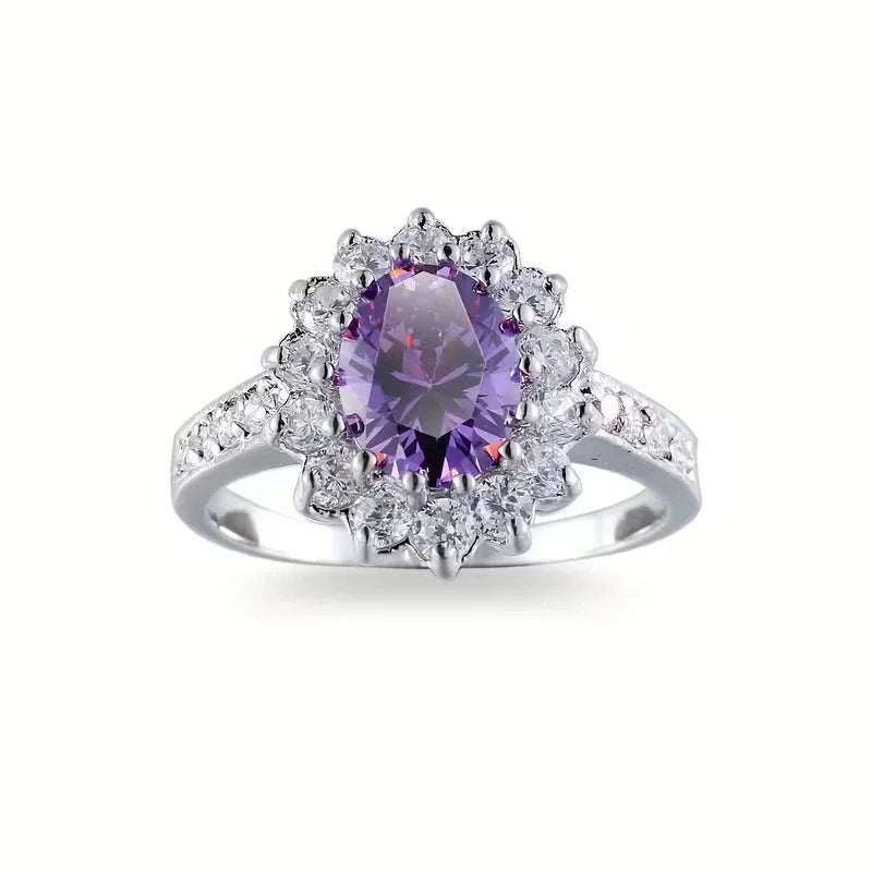Oval Amethyst Halo Sterling Silver Ring