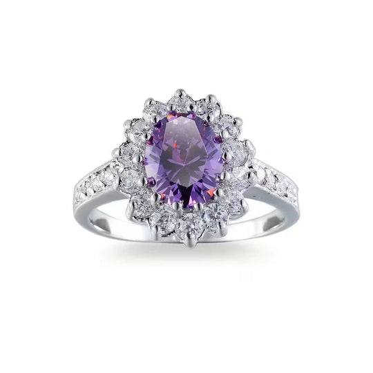 Oval Amethyst Halo Sterling Silver Ring