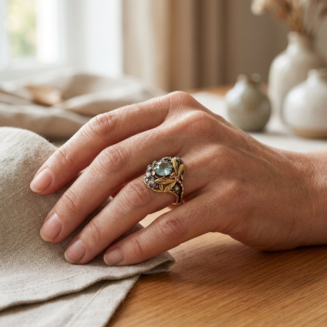 Floral Engraved Gemstone Statement Ring