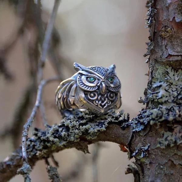 Sterling Silver Emerald Eye Owl Ring