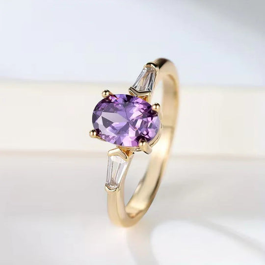 14K Gold Oval Amethyst Three-Stone Ring
