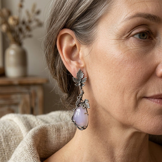 Sterling Silver Vine-Motif Drop Earrings with Moonstone