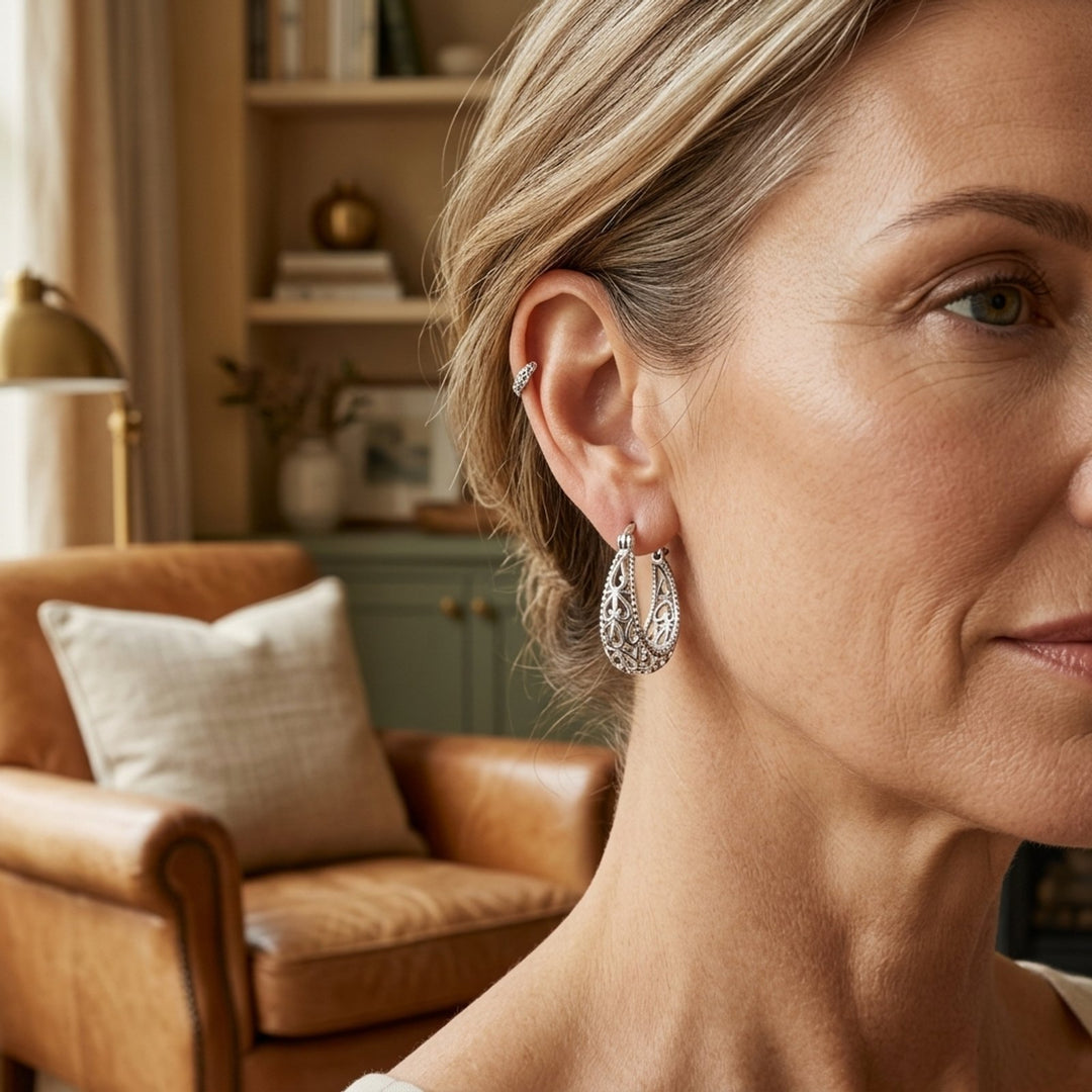 Filigree Openwork Sterling Silver Hoop Earrings