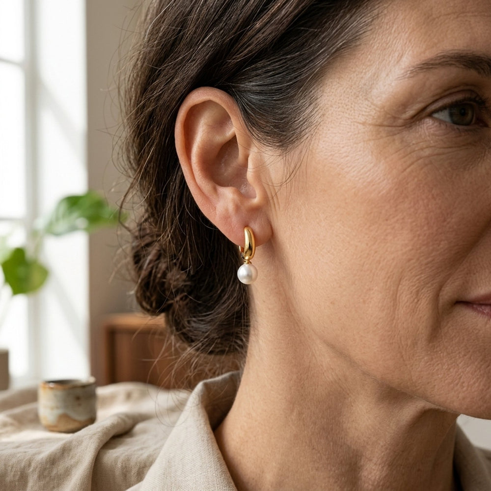 Gold-Plated Pearl Drop Hoop Earrings