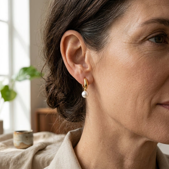 Gold-Plated Pearl Drop Hoop Earrings