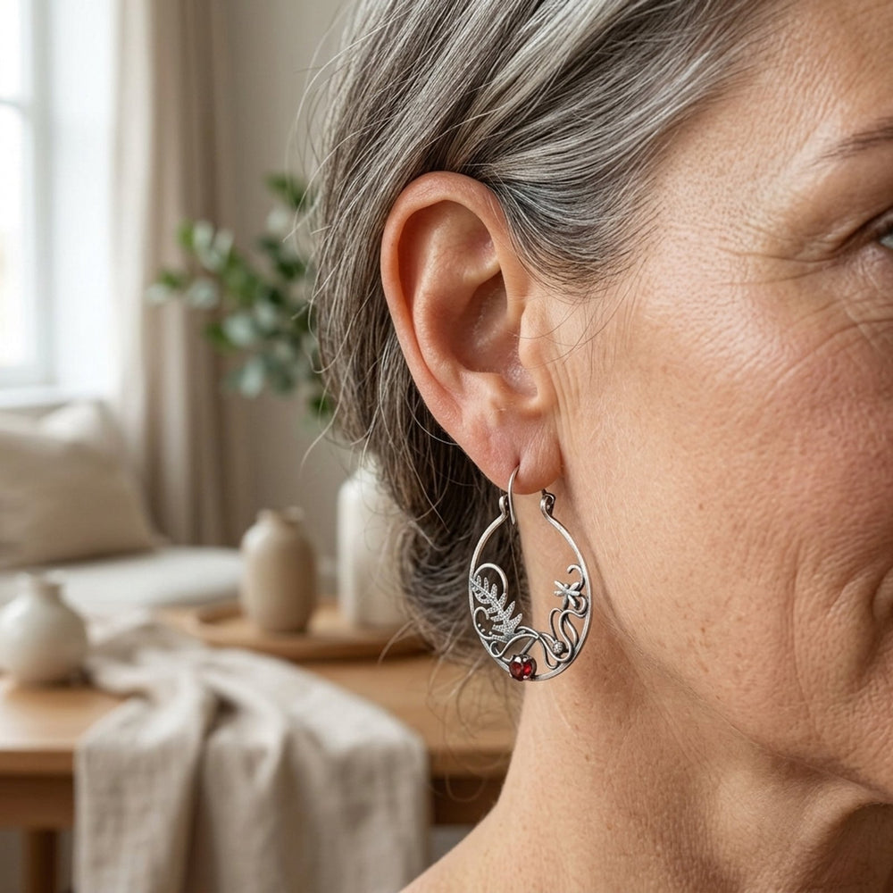 Sterling Silver Botanical Hoop Earrings