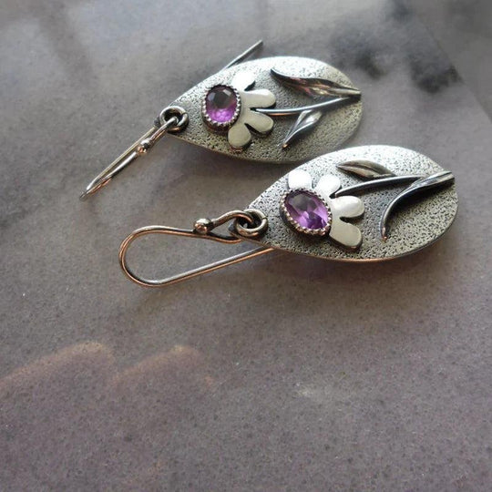 Textured Mixed Metal Gemstone Drop Earrings