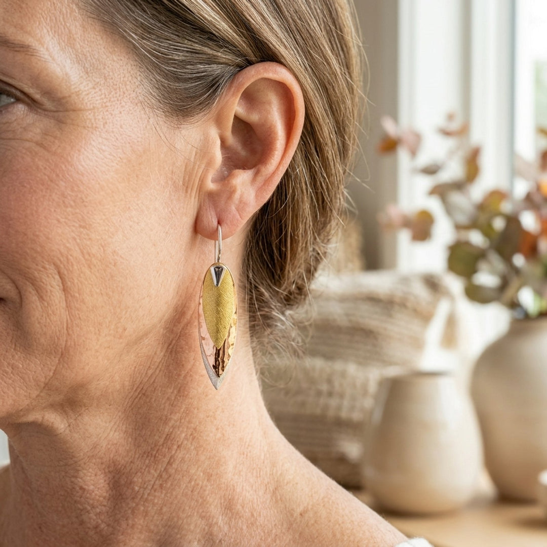 Mixed Metal Leaf-Shaped Drop Earrings
