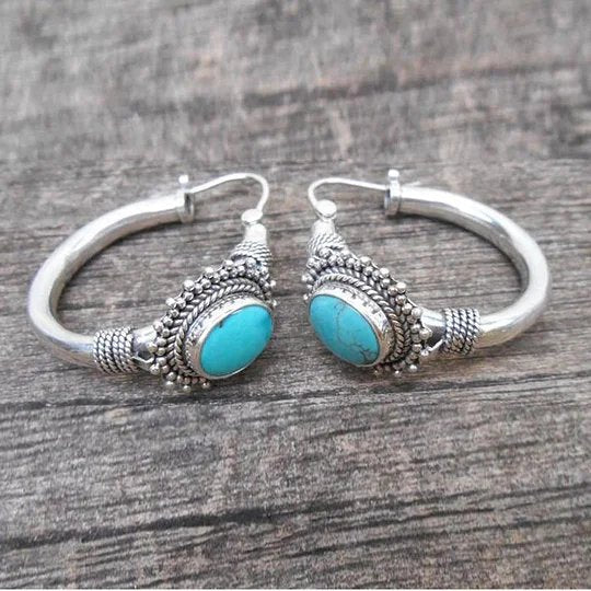 Sterling Silver Rope-Textured Turquoise Hoop Earrings