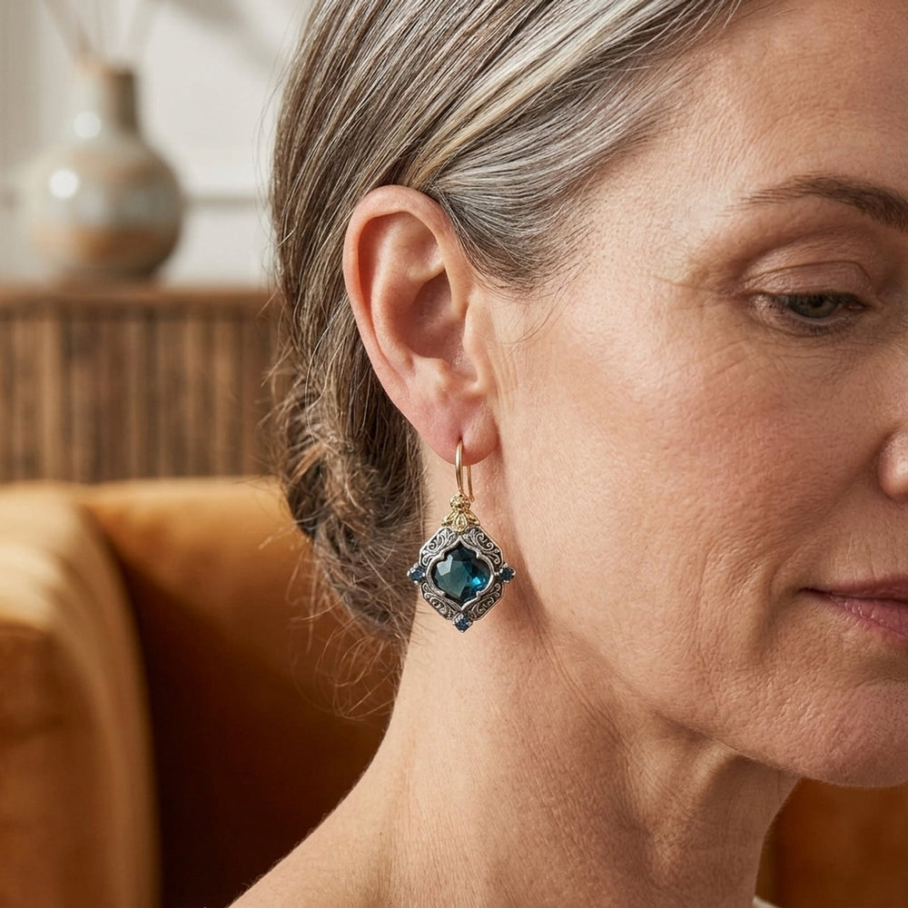 Faceted Drop Earrings with Ornate Filigree Frame