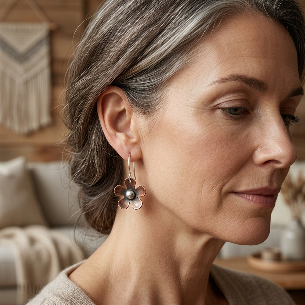 Handcrafted Copper Flower Sterling Silver Drop Earrings