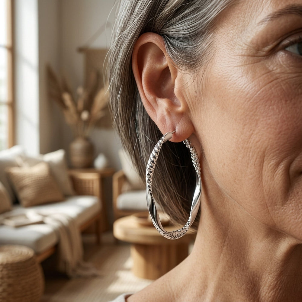 Twisted Silver-Plated Diamond-Cut Hoop Earrings