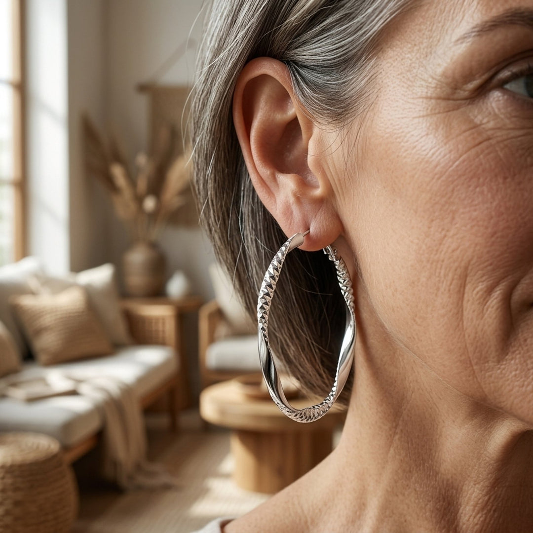 Twisted Silver-Plated Diamond-Cut Hoop Earrings